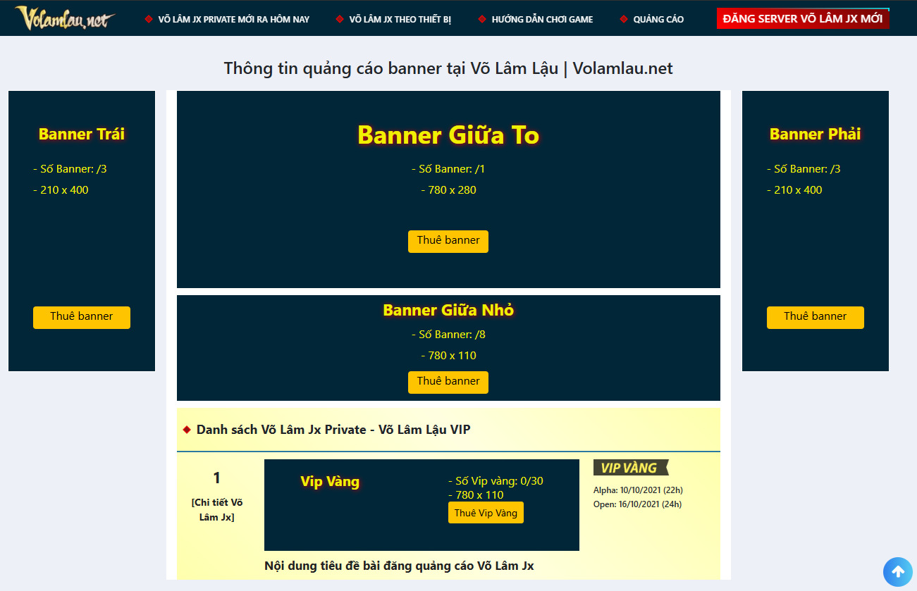 Các vị trí quảng cáo tại website volamlau.net
